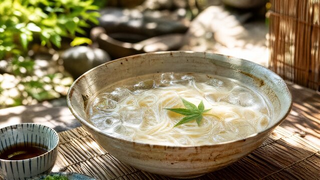 somen. Rustic ceramic bowl with ice water and somen noodles in a sun-dappled courtyard. menu design, packaging mockups, designed for culinary blogs and recipe cards for restaurants.