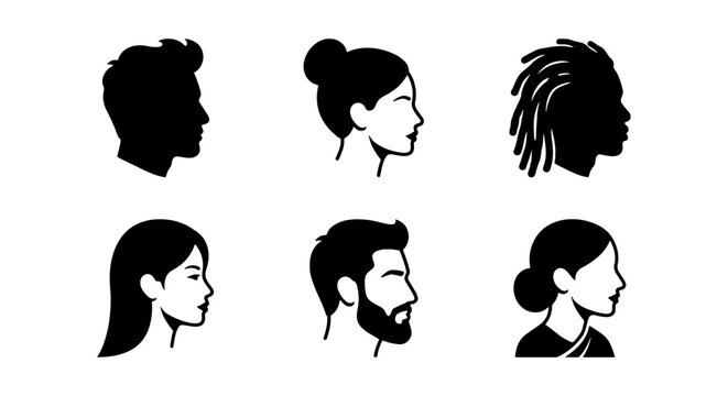 Diverse Profile Silhouettes: Male, Female, Various Hairstyles, Vector Icons