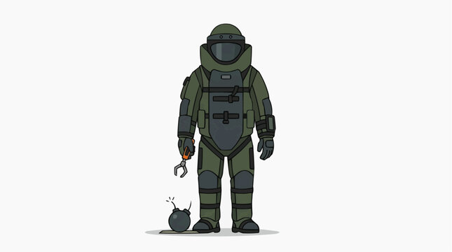 Bomb disposal expert in protective suit holding tool near a bomb