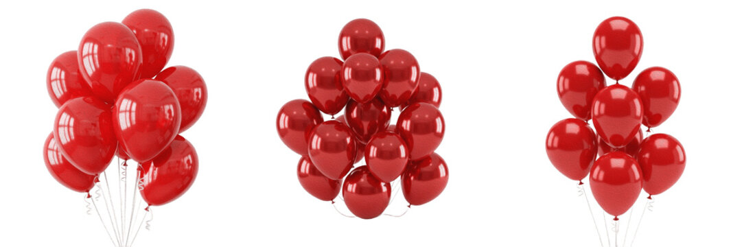 Red balloons bunch premium PNG stock photo, realistic glossy helium party balloons celebrate decoration element isolated on white transparent background