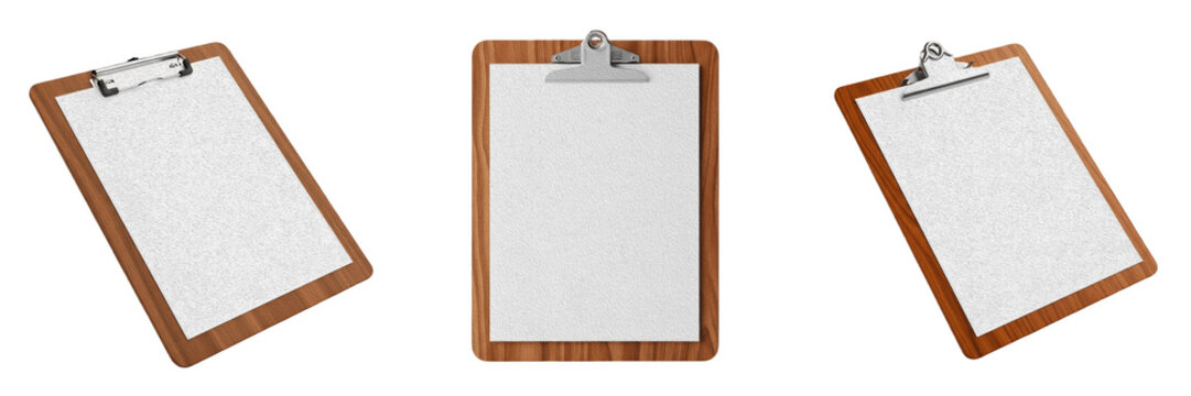 Wooden clipboard with blank white paper premium PNG stock photo, realistic office board note pad mockup template isolated on white transparent background