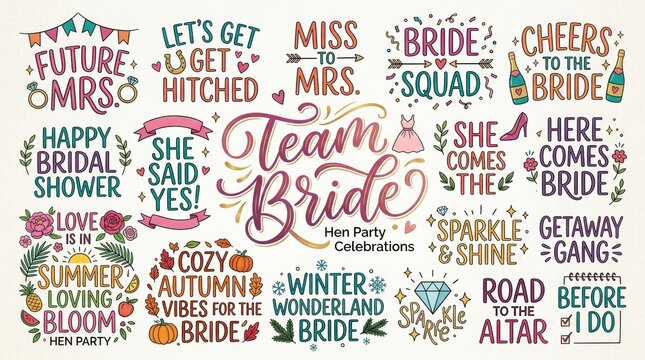 Team Bride, handwritten lettering for hen party. Seasonal quotes and phrases for cards, banners, posters, mug, notebooks, scrapbooking, pillow case and clothes design.