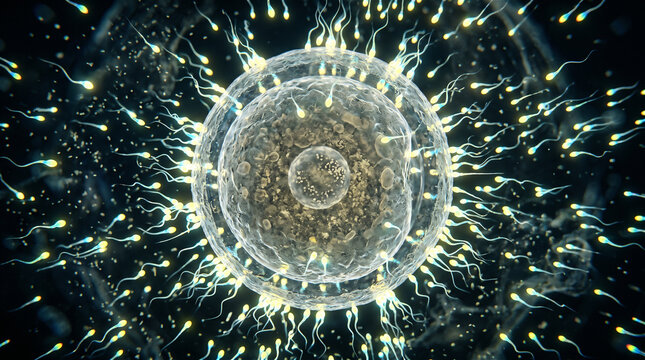Transparent Egg Cell Surrounded by Glowing Microscopic Particles