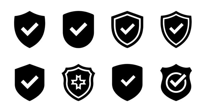 Security Shield Icons, Protection Checkmark Badges, Safety Emblems, Verified Assurance Symbols
