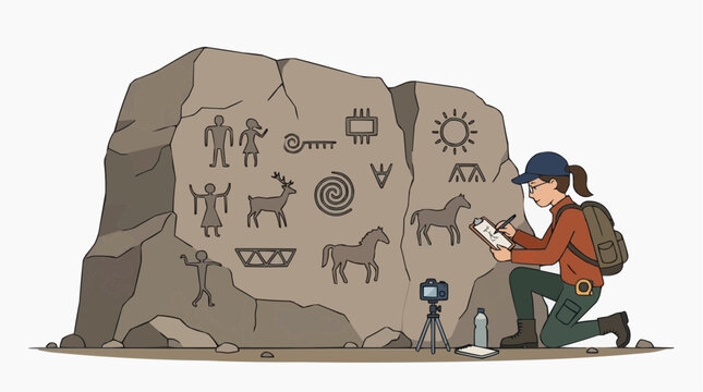 Archaeologist studying ancient petroglyphs on a rock face with drawings of people animals and symbols