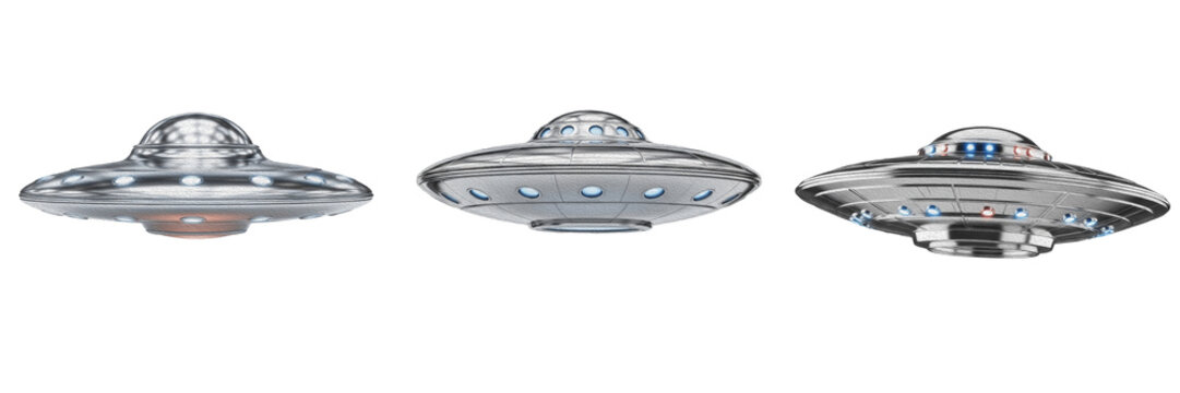 3D Render of Futuristic Silver Metallic UFO Spaceship Isolated on White Background for Science Fiction Alien Invasion Graphic Asset