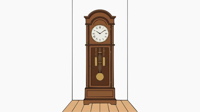 Antique grandfather clock with pendulum and roman numerals on a wooden floor