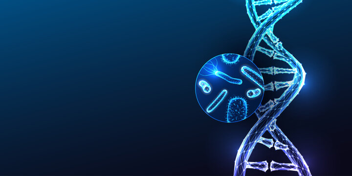 Microbiology, genetic research and biotechnology concept with bacteria cell and DNA strand