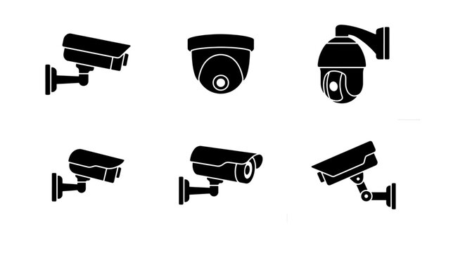 Security Camera Icons Set, Surveillance System Vector Graphics, CCTV Equipment Collection