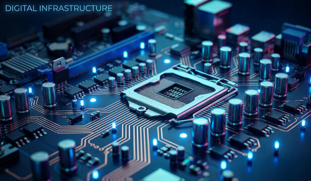 Digital infrastructure close up of computer motherboard with glowing blue lights and processor chip, technology concept, abstract background.