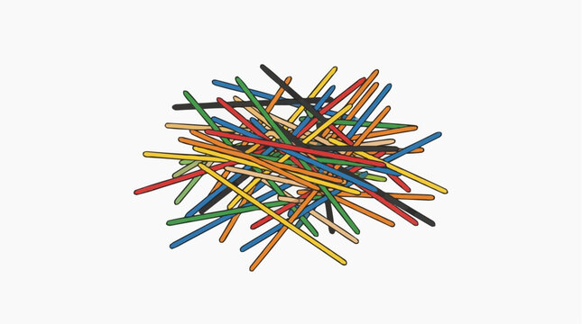 Pile of colorful pick up sticks game scattered on white background