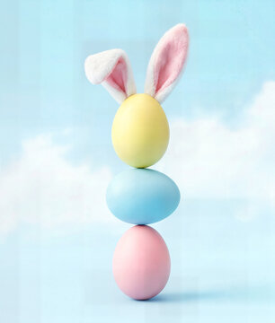Stack of three pastel colored easter eggs with bunny ears on top, against blue cloudy sky background, holiday celebration theme.