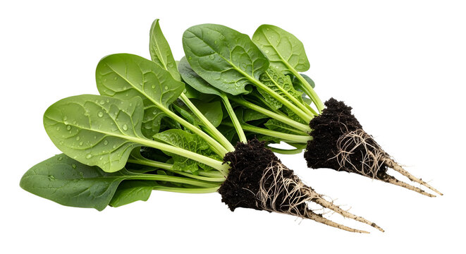 Fresh green spinach plants with roots and soil, organic baby spinach leaves on white background, raw vegetable seedlings for gardening and cooking