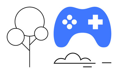 Gaming, nature , minimalism, entertainment design, abstract art, digital recreation. A blue game controller alongside stylized tree and cloud shapes. Gaming and nature concepts illustrated © robu_s