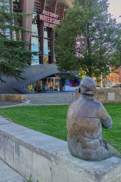 Statue of Ronnie Barker outside the Waterside Theatre, Aylesbury, Buckinghamshire, England
