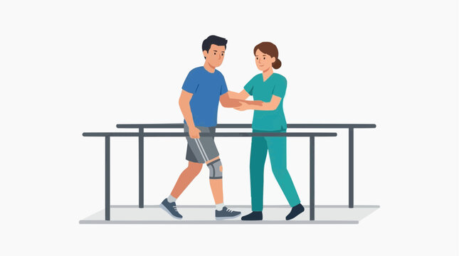 Physical therapist assisting patient with knee brace walking on parallel bars for rehabilitation