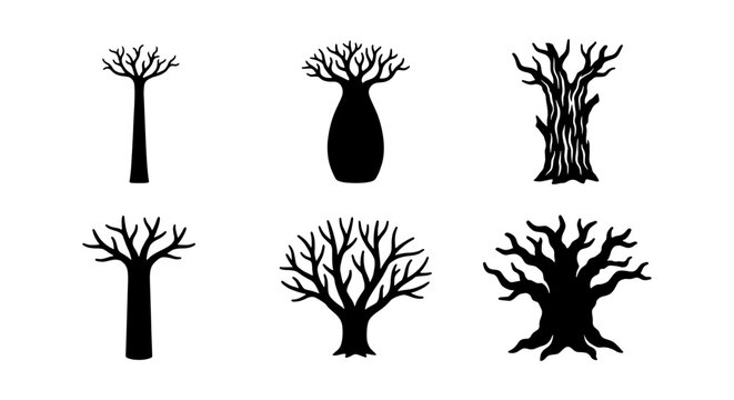 Silhouette Tree Icons Set, Baobab & Forest Styles, Vector Graphics