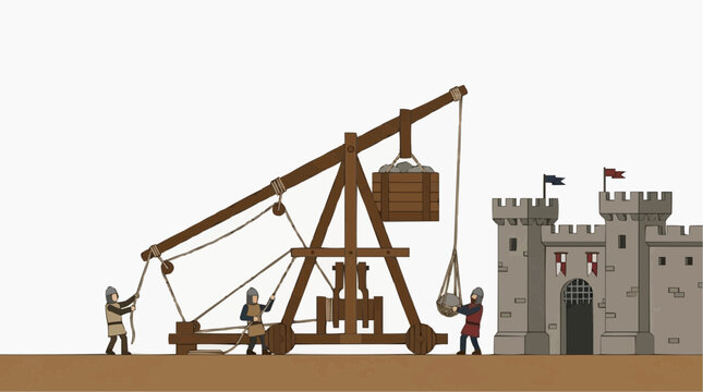 Medieval siege engine trebuchet attacking a castle with soldiers