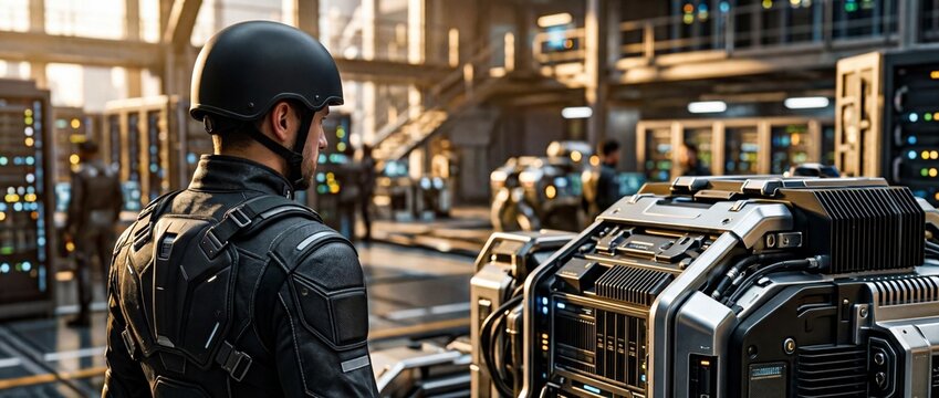 Futuristic soldier in black armor stands guard in high tech industrial facility with machinery