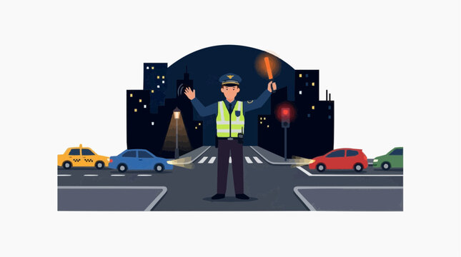 Police officer directing traffic at night in a city intersection with cars and buildings