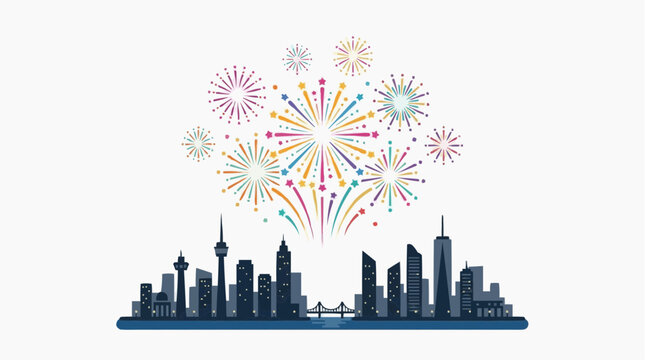Colorful fireworks exploding over a modern city skyline at night
