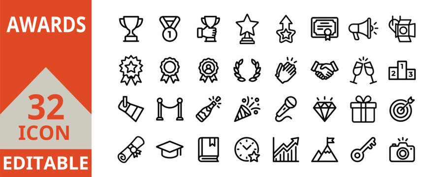 Awards icons set for recognition and achievement, editable stroke vector icon outline illustrations