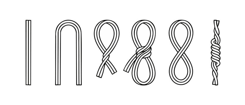Rope knotting steps set, linear black icons showing cord tying progression, vector illustration of rope loop formation stages, twisted string, technical guide for sailors, scouts and mountaineering ed