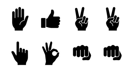 Obraz premium Hand Gestures Icons Set: Thumbs Up, Peace, OK, Fist, Point