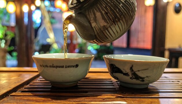 Aromatic jasmine tea being poured from a decorative pot into small ceramic cups, a moment of traditional refreshment