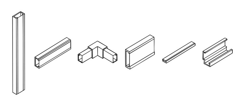 Cable Trunking System Components Isometric Set, Electrical Raceway Wiring Duct Elements, Plastic Wire Management Profiles and Connector Fittings for Industrial Construction Infrastructure Engineering