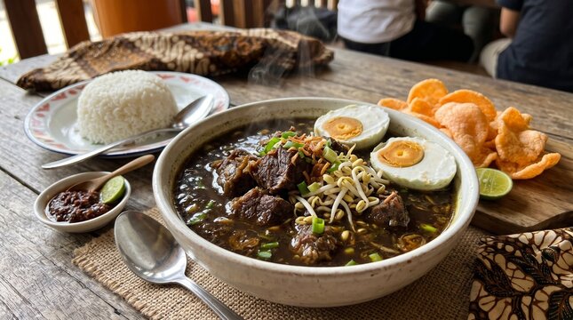 Traditional rawon black beef soup from East Java, aromatic kluwak nut broth with tender beef, bean sprouts, salted egg, and crackers. Authentic Indonesian regional specialty.
