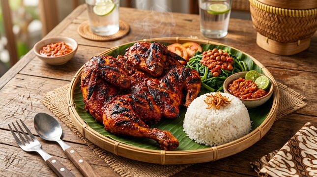Authentic ayam taliwang from Lombok, grilled spicy chicken with red chili marinade, served with plecing kangkung and sambal. Traditional Indonesian regional specialty, fiery and flavorful.