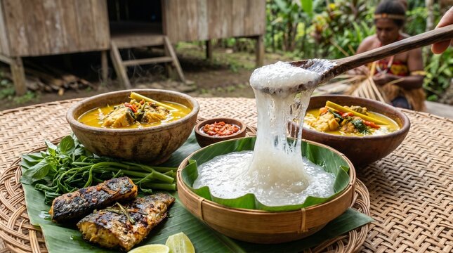 Authentic Papua papeda sagu, translucent sago porridge with unique gel-like texture, served with yellow fish soup and grilled fish. Traditional Indonesian food from Papua, exotic cuisine.