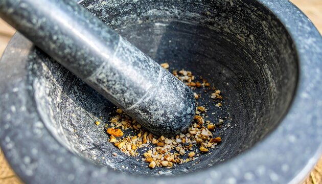 Detailed close up of stone mortar and pestle crushing spices and herbs with fine grain residue