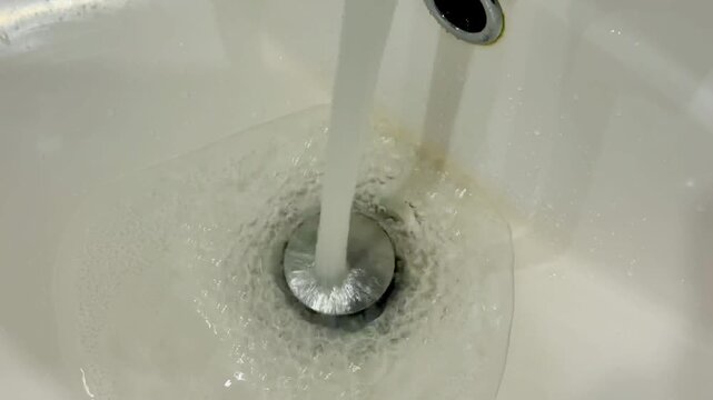 Dirty stainless faucet pouring water into unclean acrylic sink, visible mineral stains and soap scum around drain, slow steady