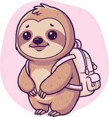 Obraz premium A cute cartoon sloth with big eyes and a friendly smile, wearing a light-colored backpack.