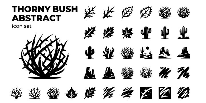 Thorny Bush Abstract Black White-Spiky Branch Wild-Desert Bush Vector-Thorn Icon Abstract-Wild Nature Set