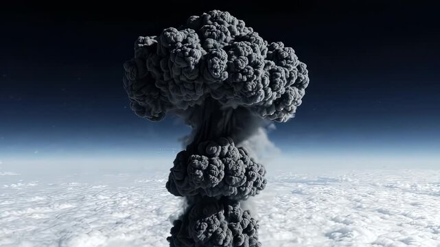 A large plume of smoke rising above the clouds in the sky