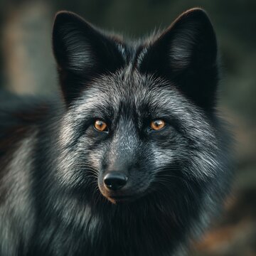 Intense close-up portrait of a black silver fox with piercing amber eyes, representing mystery and nocturnal wisdom against a dark blurred natural backdrop