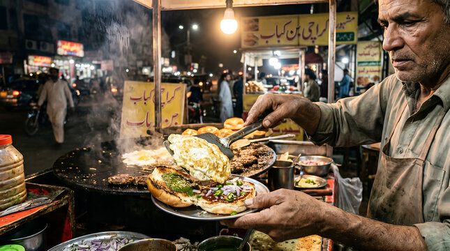 Street food vendor preparing a traditional bun kebab in karachi, pakistan
