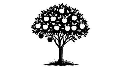 Black and White Apple Tree Silhouette with Ripe Fruits on White Background