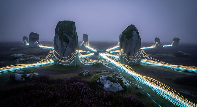 Ancient Stones Connected by Glowing Light Trails Representing HIPAA Compliance Secure Medical Data Networking and Patient Privacy Protection Concept
