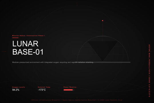 Futuristic lunar base UI dashboard, dark sci-fi space station interface, minimalist moon colony telemetry display with red and white text elements