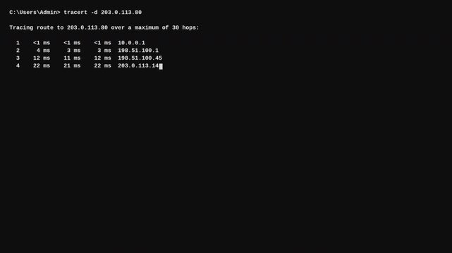 Windows tracert command discovering routing path and internet hops for network troubleshooting