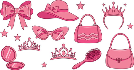 Cute Pink Fashion Accessories Vector Set with Bow, Hat, Sunglasses, Crown, Handbag and Beauty Items for Girls Style and Glamour DesignCute Pink Fashion Accessories Vector Set with Bow, Hat, Sung © Auwal