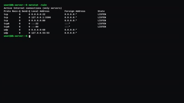 Linux terminal running netstat to check open network ports for cybersecurity threat hunting