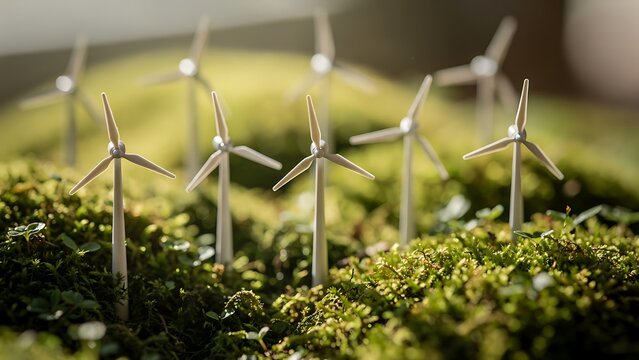 Miniature Wind Turbine Models in Lush Green Moss Landscape with Tilt Shift Effect