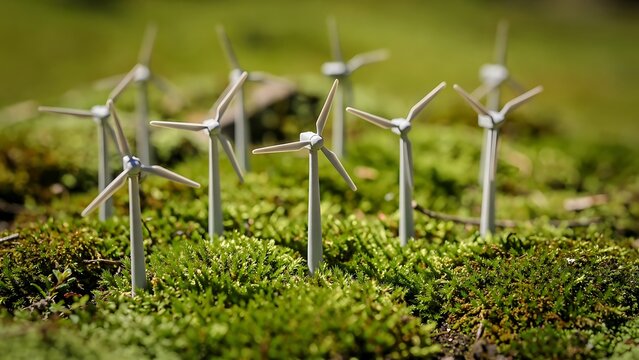 Miniature Wind Turbine Models in Lush Green Moss Landscape with Tilt Shift Effect