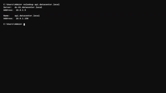 IT administrator using nslookup in Windows command prompt to resolve server domain names