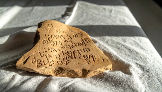 Ancient Linear B tablet fragment with syllabic script impressed into unbaked clay, a historical artifact.